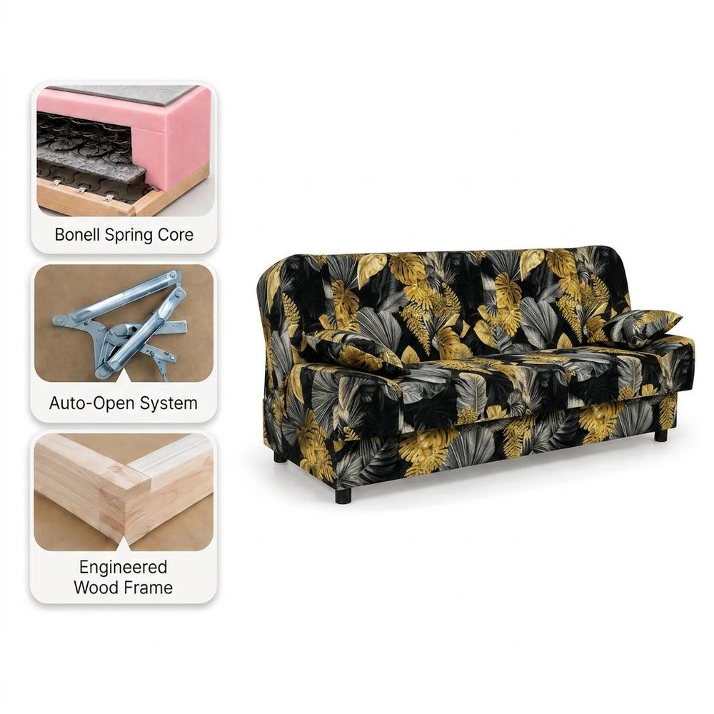 Schlafsofa SARA Poly – Monstera-Design, Webstoff in Schwarz, Family Meble