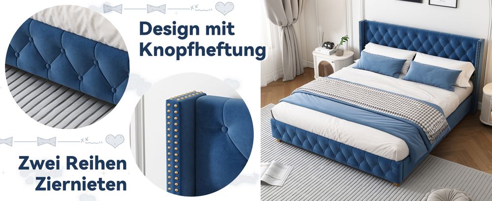 okwish Polsterbett Doppelbett 160×200cm mit Lattenrost und Kopfteil, Knopfpolsterung, Nietenpolsterung, Samt,Blau,Ohne Matratze