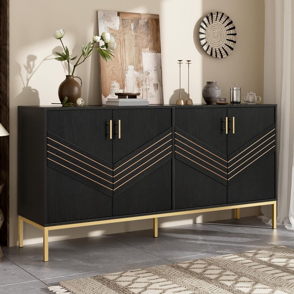 Merax Sideboard 160x40x80,5cm, 4 Türen mit höhenverstellbaren Regalen, Wohnzimmer Kommode MDF mit Metallbeinen, Modern und Elegant, Schwarz Gold