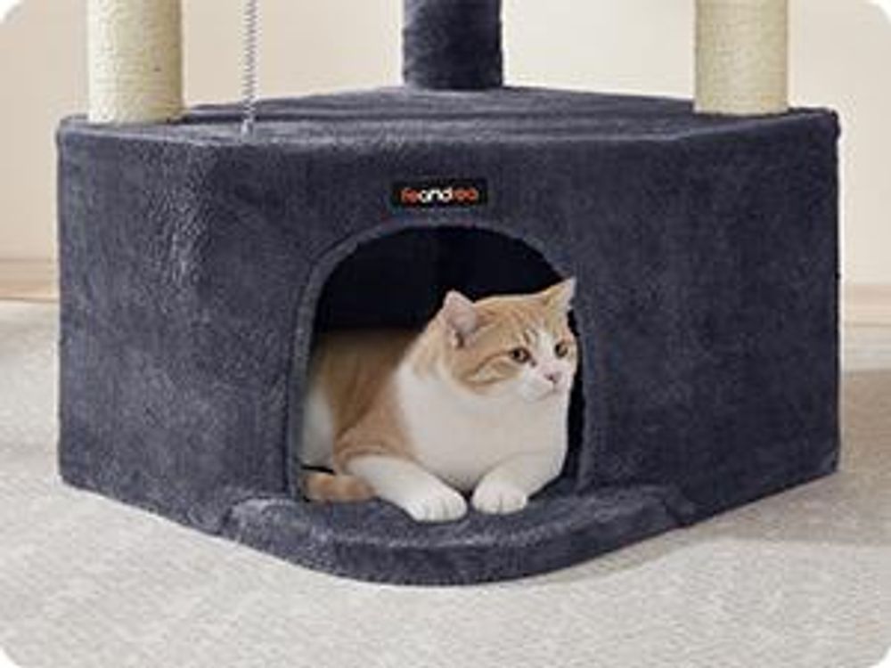 FEANDREA Kratzbaum für Raumecke, Katzenbaum, mit großer Kuschelhöhle, großen Plattformen, mehr Stabilität Dunkelgrau