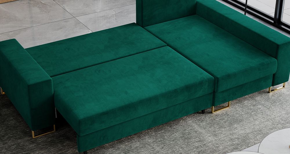 Grün Ecksofa aus weichem cord-Stoff. Foto zeigt Schlaffunktion