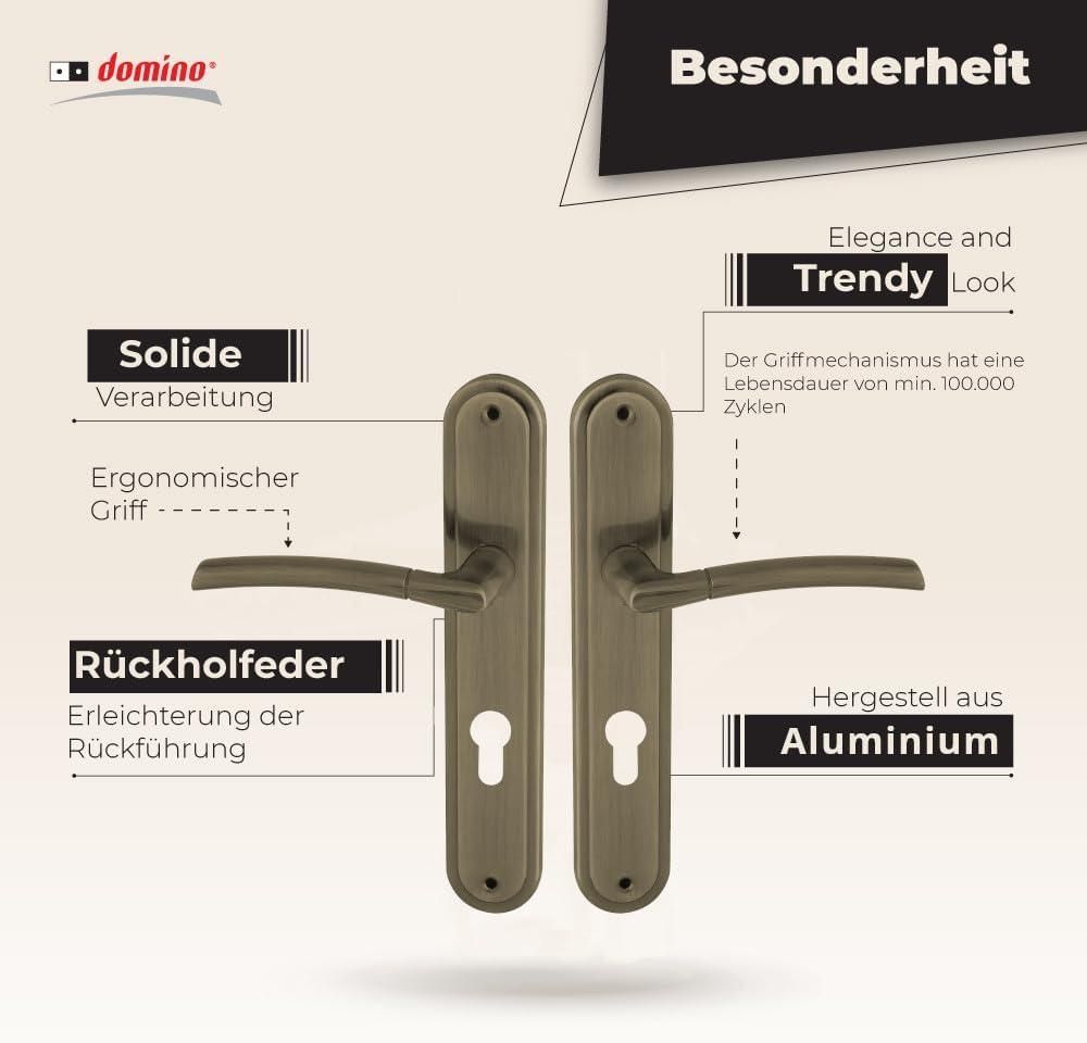 DOMINO Türgriff 72 Drückergarnitur PZ - Profilzylinder Set | Türklinke für Zimmertür, Bürotür, Kellertür & Innentür | L-Form | Türbeschläge aus Aluminiuml | Bronze Türdrückergarnitur | PRESTO M3