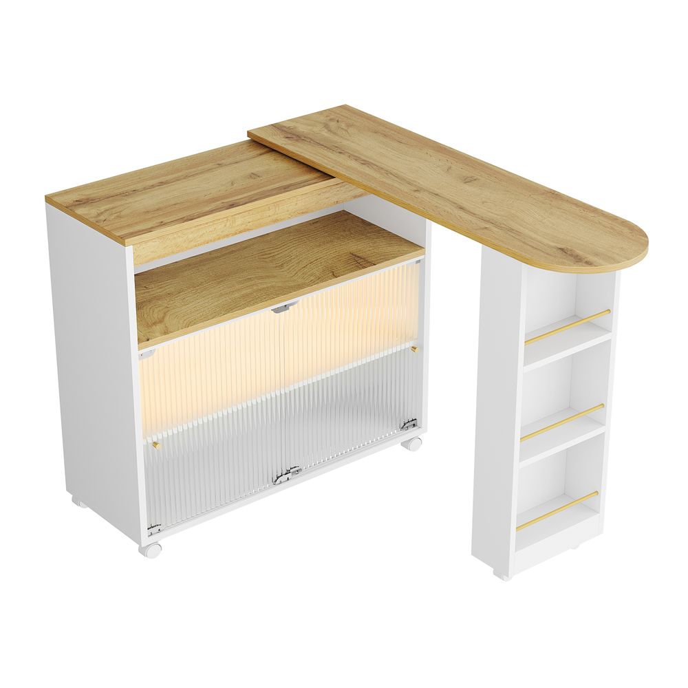 Flieks Ausziehbar Esstische Küchentisch mit Regal und Staufach, Bartisch Stehtisch mit LED, Rechteckig Tisch Kücheninsel 360 ° Drehbar, Weiß