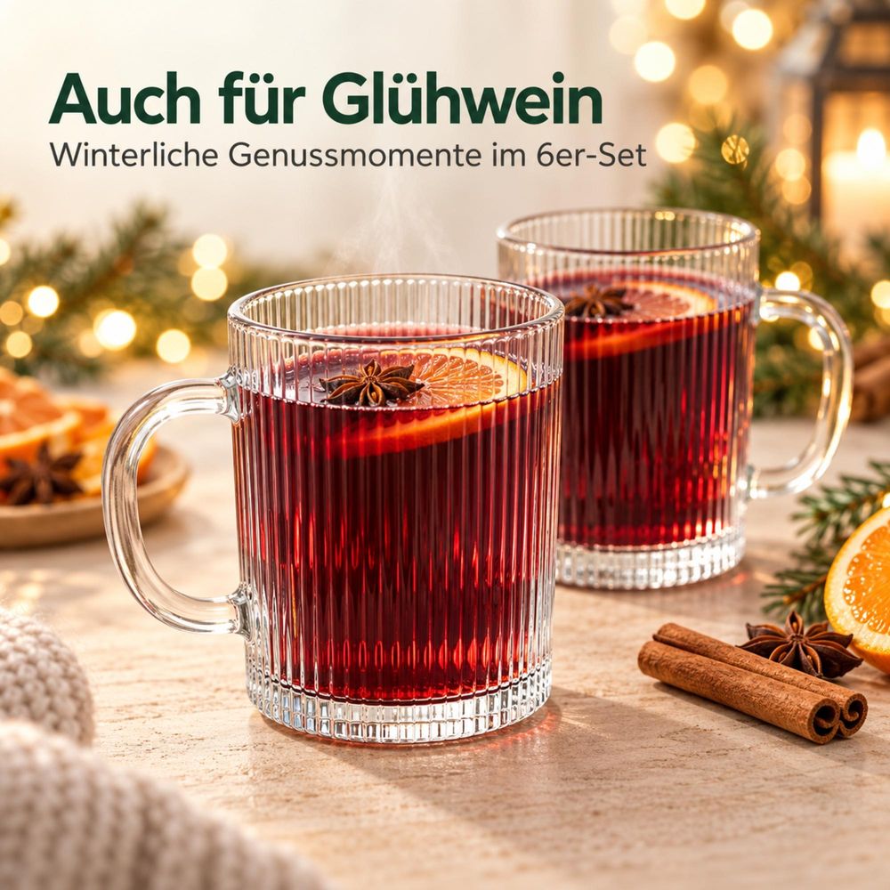 Vienberg Glühwein-Gläser 6er Set 350 ml – Geriffelte Glastassen mit Henkel