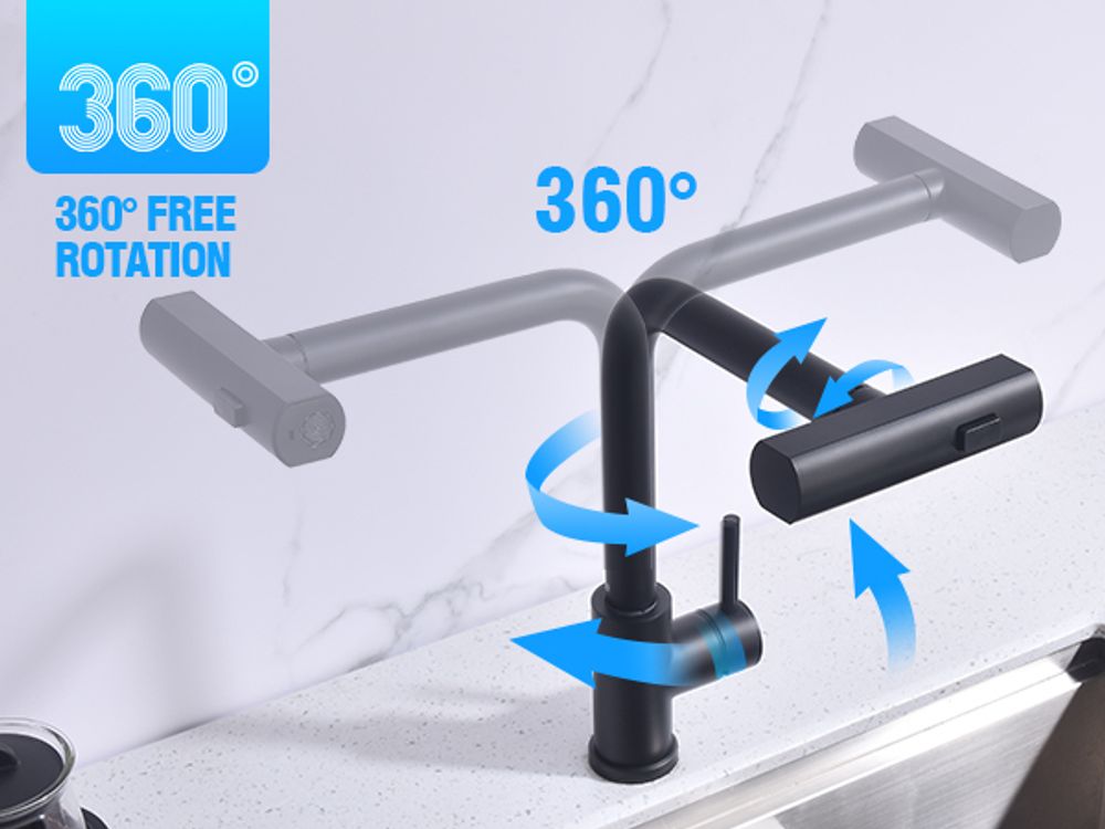 Homelody Wasserhahn Küche Schwarz,Küchenarmatur 360°Drehbar,Mischbatterie Ausziehbar mit 3 Strahlarten,Küchen Armatur Einhebel,Kitchen Tap Edelstahl