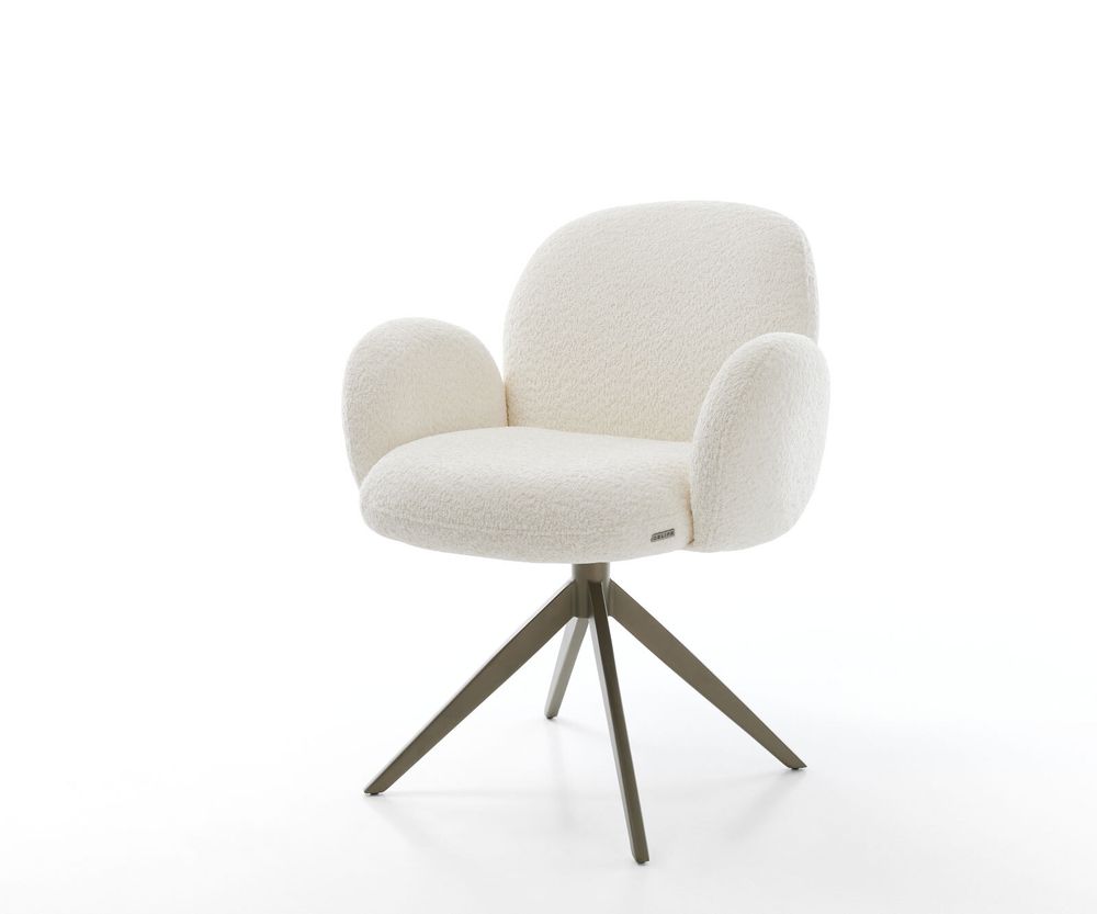 DELIFE Drehstuhl Nube-Flex mit Armlehnen Bouclé Weiß Kreuzgestell breit Effektfinish Titan 360° drehbar Taschenfederkern