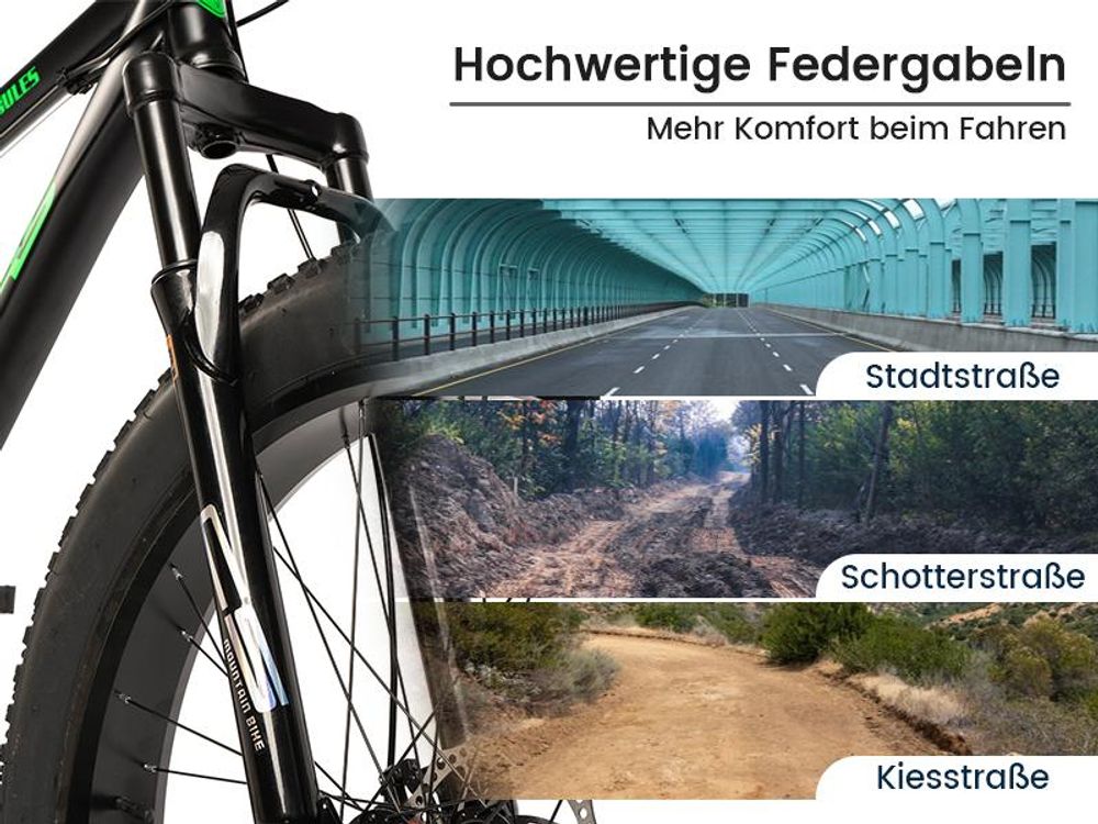 Breite 4.0 Zoll Reifen & Federgabel für mehr Kontrolle