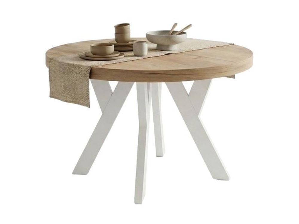 Dekori Runder Ausziehbarer Esstisch für Esszimmer, Wohnzimmer PERO, Loft-Stil, Skandinavische, Durchmesser: 100 / 150 cm, Farbe: Eiche Sonoma / Weiss