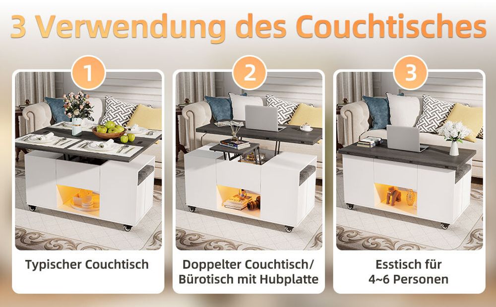 Couchtisch mit 4 Hockern& LED,  Verwandlungs Esstisch, ausziehbarer Tischplatte, Universalrad, Höhenverstellbar, Spart Platz, 105 * 100/50 * 55.5 cm
