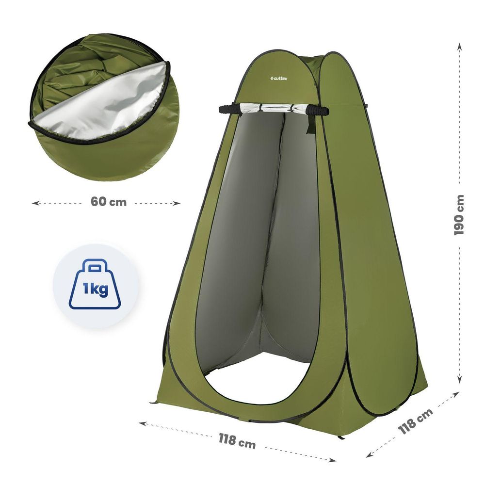 Abmessungen des Pop-up-Umkleidezeltes. Höhe 190 cm, Breite 118 cm, Gewicht 1 kg