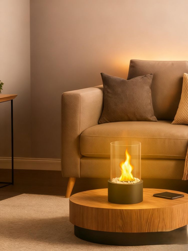 ZMH Tischkamin Ethanol Tischfeuer Bioethanol Edelstahl Rund Innen Aussen Schwarz Glaskamin Feuerstelle für Wohnzimmer Balkon Rauchfrei & Geruchlos