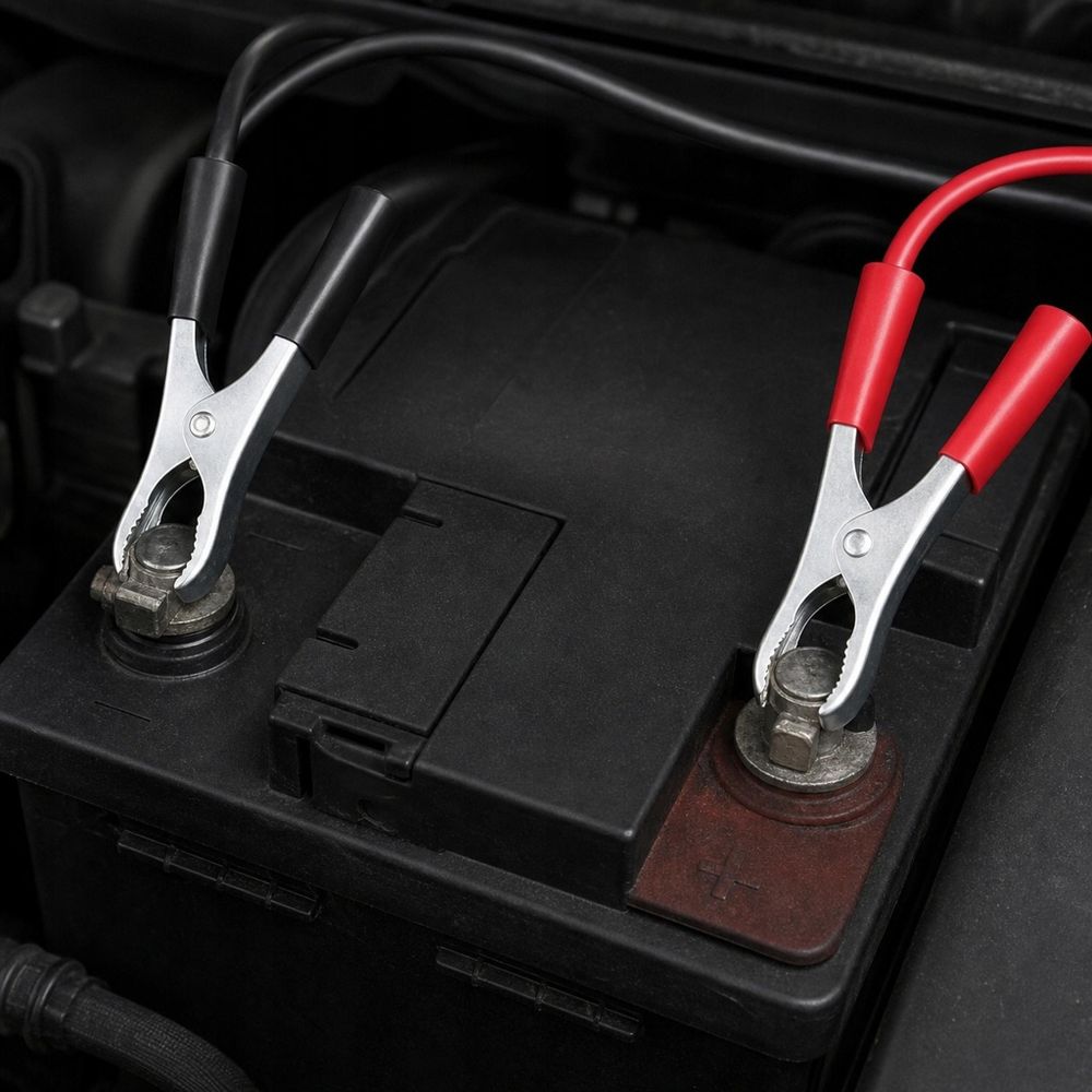 Krokodilklemmen an einer Autobatterie