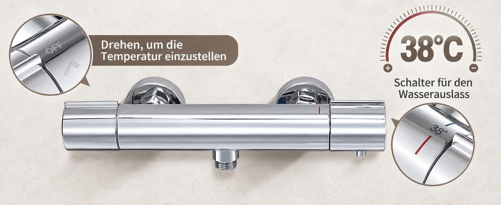 Duscharmatur mit Thermostat Chrom Mischbatterie Dusche mit 38°C Sicherheitstaste Duschthermostat Armatur Edelstahl Duscharmaturen Brausethermostat