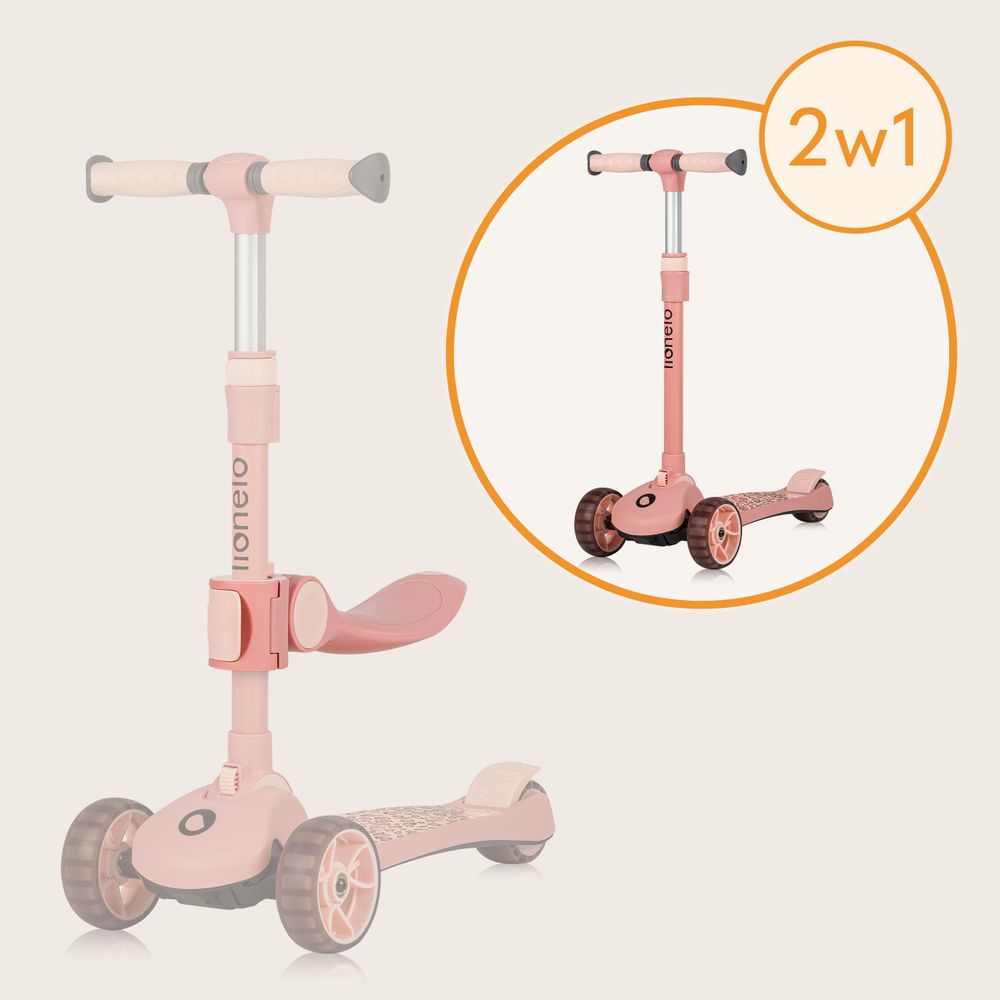 Lionelo Franky 2in1 Kinder Laufrad bis 20 kg Balance Roller bis 50 kg Höhenverstellbar, LED-Räder, rutschfestes Trittbrett, Korb Pink