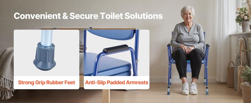 VEVOR Toilettenstuhl, Nachttopf mit abklappbaren Armlehnen und abnehmbarer Rückenlehne, 5-stufig höhenverstellbar, 7L herausnehmbarer Eimer, einfach zu montieren, 1000LBS Tragfähigkeit, tragbare Toilette für Erwachsene und Senioren, Rückenlehne ohne Räder, Stahl