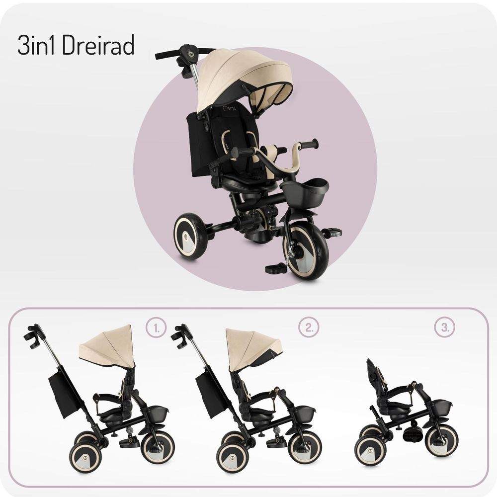 MoMi IVI Kinderdreirad 3-in-1 Beige – 360° drehbarer Sitz, 3-Punkt-Gurt, höhenverstellbare Schiebestange, Sonnendach, PolyurethanRäder, Frontkorb – ab 9 Monaten