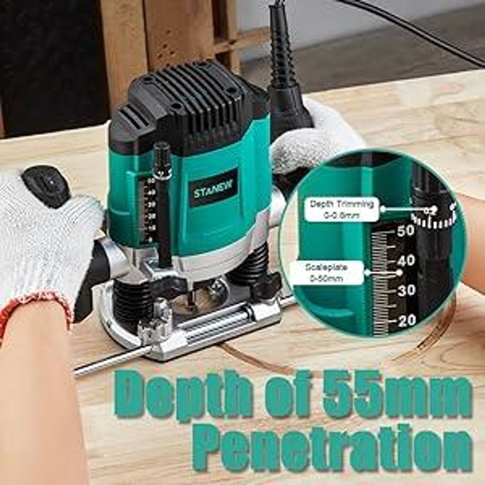 Défonceuse Verticale Electrique 1200 W 16000-30000 RPM STANEW, Profession Fresatrice Verticale avec Set de 12 fraises,6 Vitesses