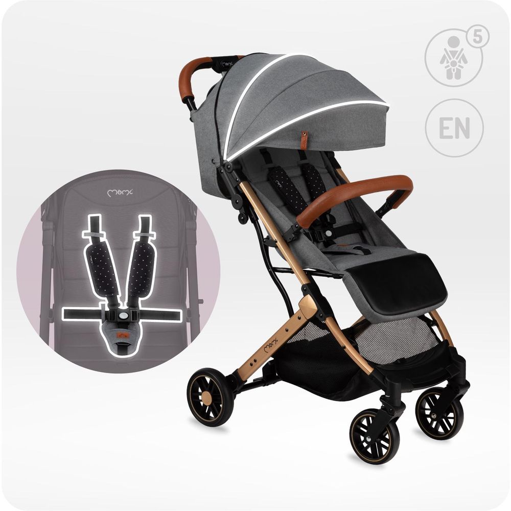 MoMi ESTELLE Buggy Kinderwagen - Leicht, Stoßdämpfung 4 Räder, Koffer - Grau-Gold