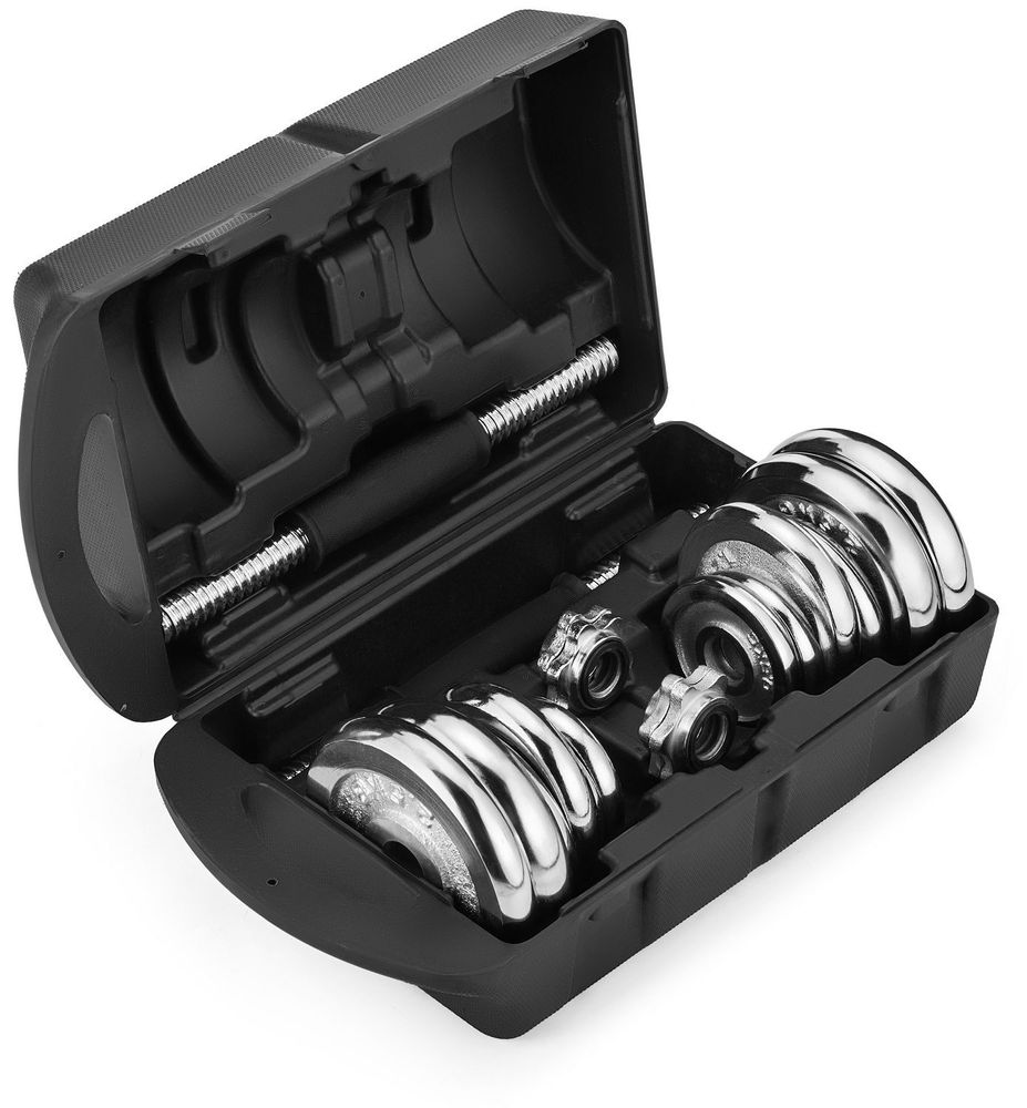 Offener Transportkoffer mit einem 20 kg Hantelset