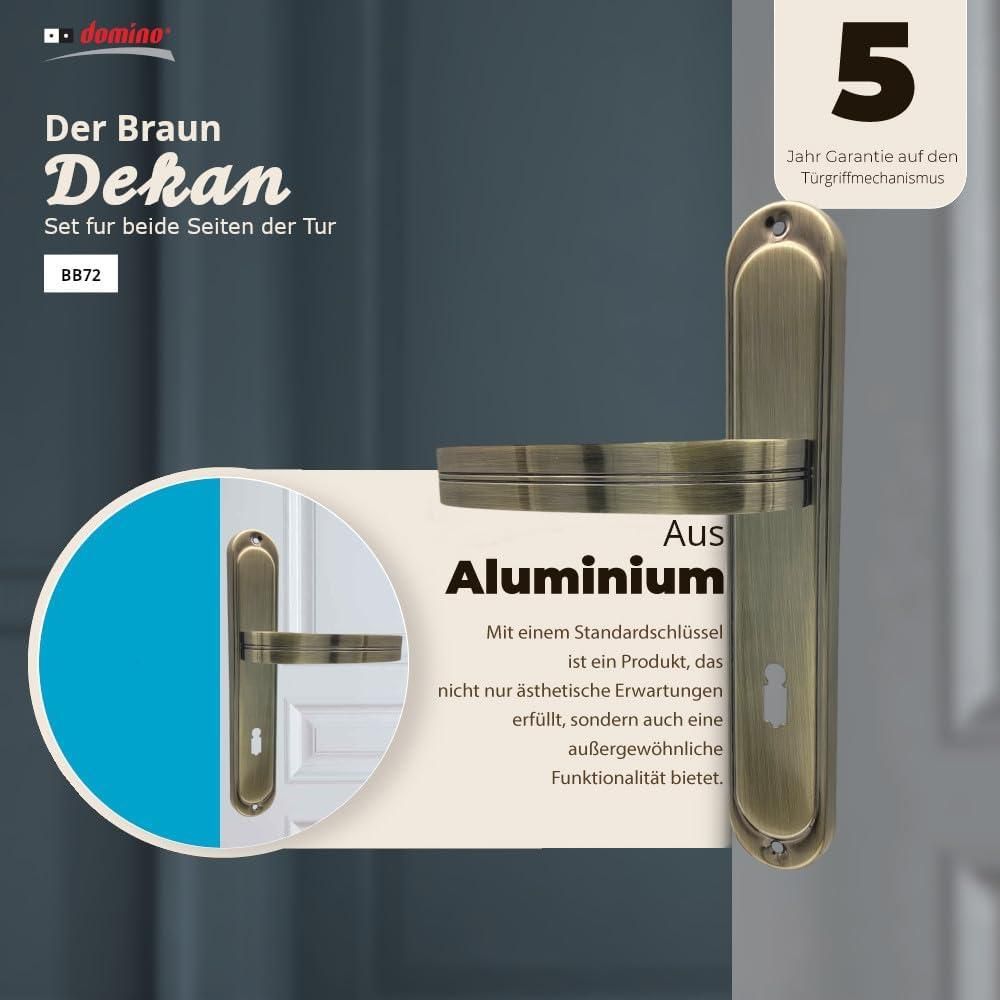 DOMINO Türgriff 72 Drückergarnitur BB-Buntbart Set | Langschildgarnitur | Türklinke für Zimmertür, Bürotür, Kellertür & Innentür | L-Form | Türbeschläge aus Aluminiuml | Bronze Türdrückergarnitur | DEKAN M3