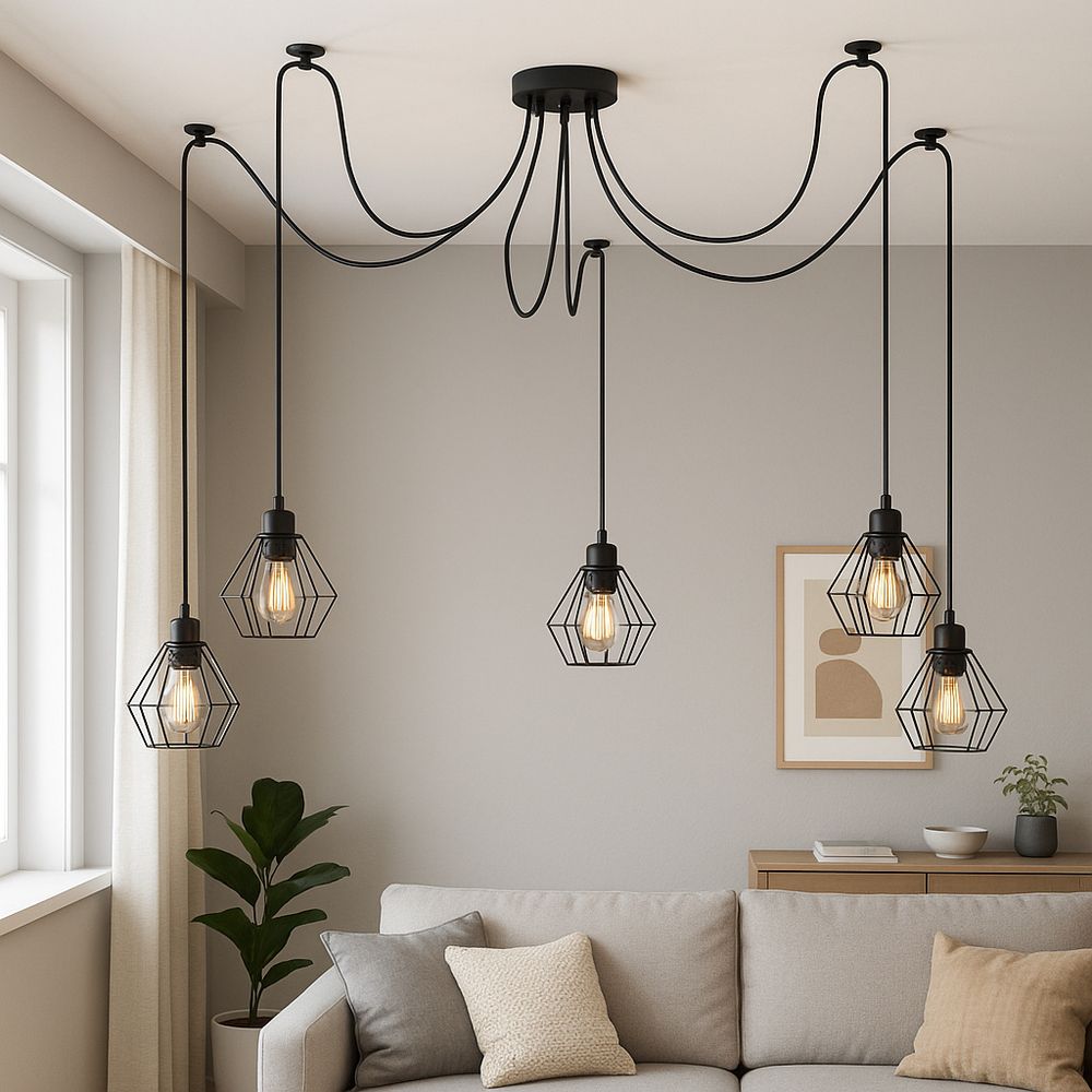 Schwarze Spinnenlampe mit fünf Käfigschirmen über einem grauen Sofa im Wohnzimmer.