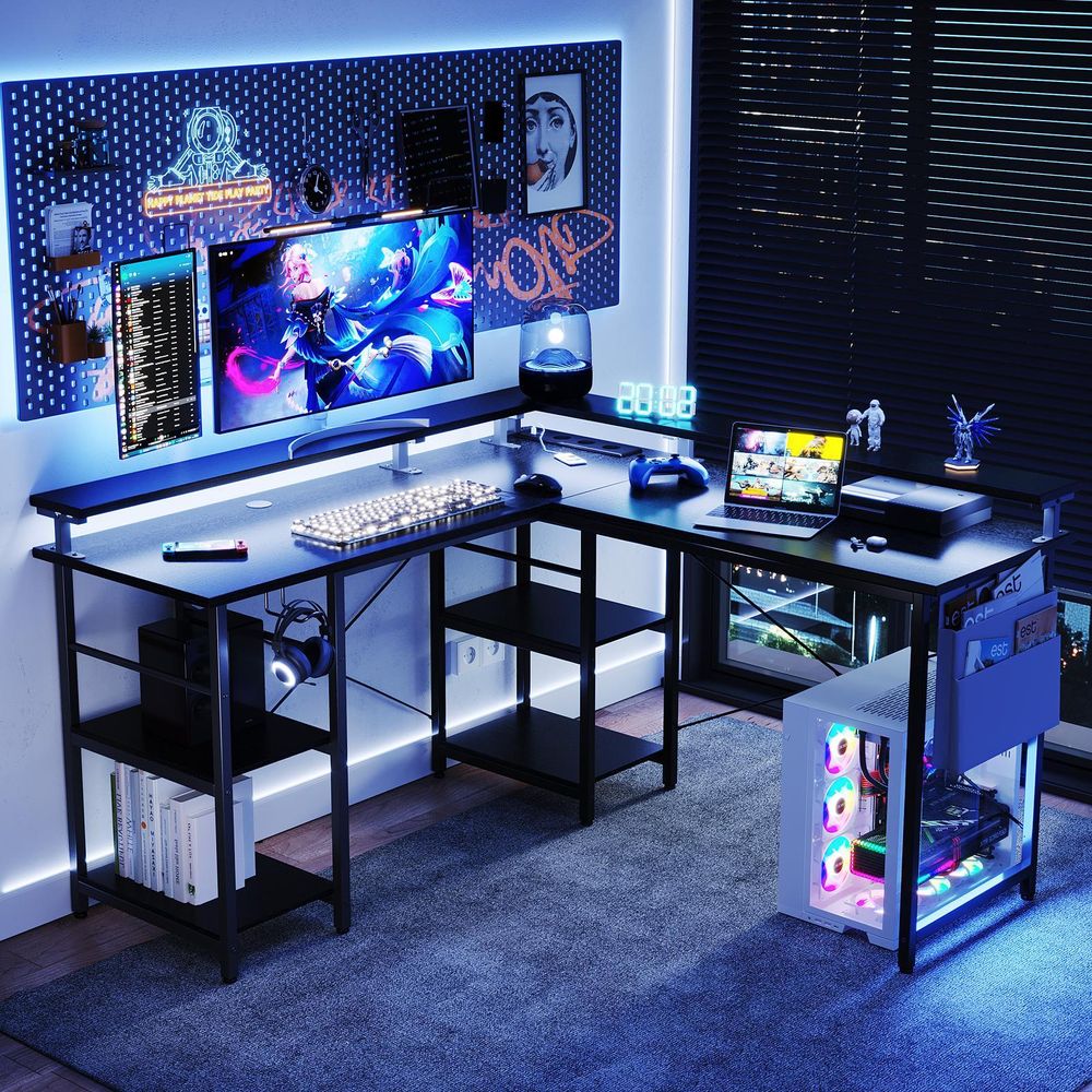ZELURXX Gaming-Tisch L-förmiger mit RGB LED Beleuchtung, mit Tasche, Dual-Monitor-Ständer, Headset-Halterung & Steckdosen, Schwarz