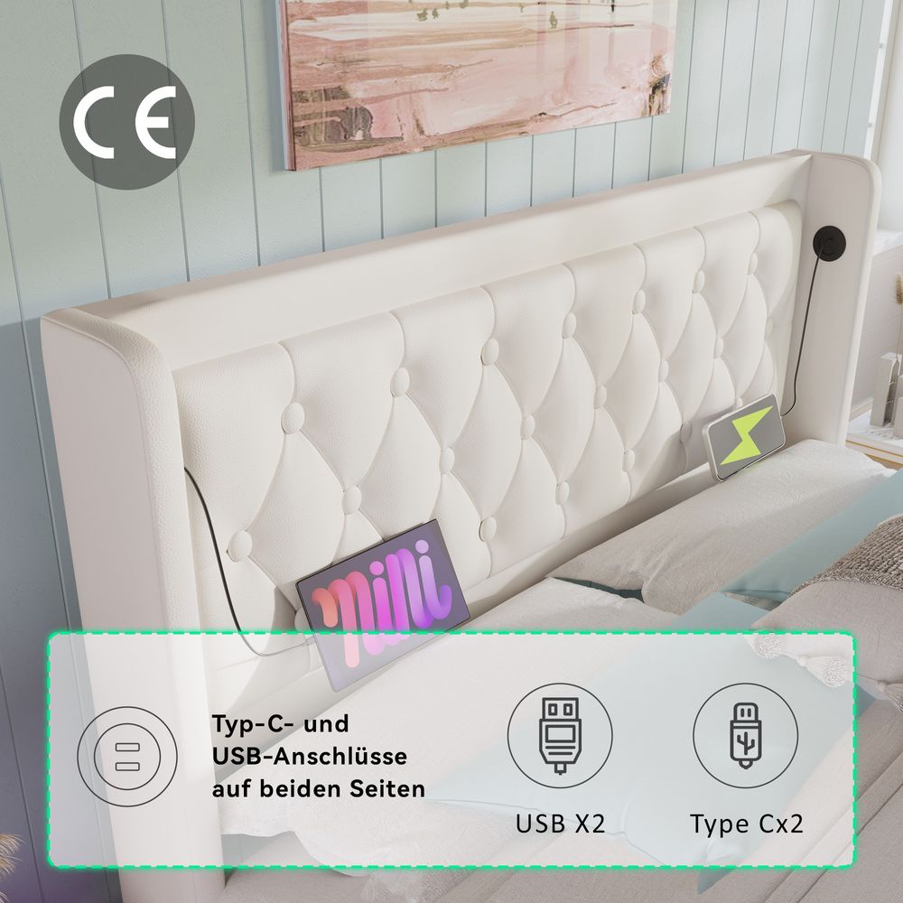 Flieks Polsterbett 160x200cm mit USB & Typ-C, Doppelbett Jugendbett mit LED, Hydraulisches Stauraumbett Boxspringbett mit Lattenrost, Kunstleder, Weiß