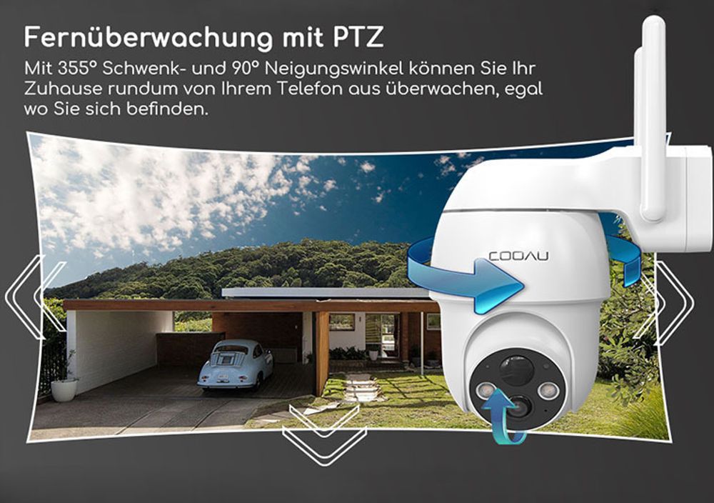 COOAU 2MP PTZ 2,4GHz WLAN IP-Überwachungskamera Aussen mit PIR-Sensor,Alarm und App -Benachrichtigung, Vollfarb-Nachtsicht, Ereignisprotokollierung
