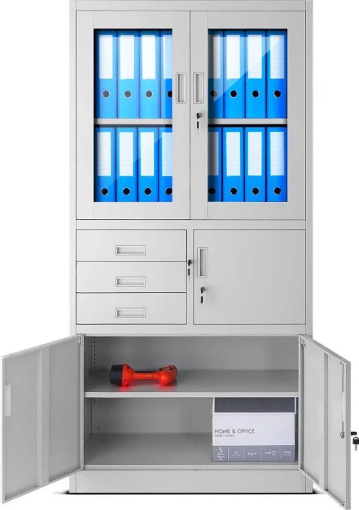 Aktenschrank C018S Büroschrank Metallschrank Tresor Safe Geheimfach Schubladen Pulverbeschichtung 185 cm x 90 cm x 40 cm (H x B x T), Farbe: Grau