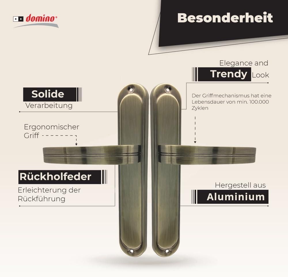 DOMINO Türgriff Blind Drückergarnitur | Langschildgarnitur | Türklinke für Zimmertür, Bürotür, Kellertür & Innentür | L-Form | Türbeschläge aus Aluminium | Bronze Türdrückergarnitur | DEKAN M3