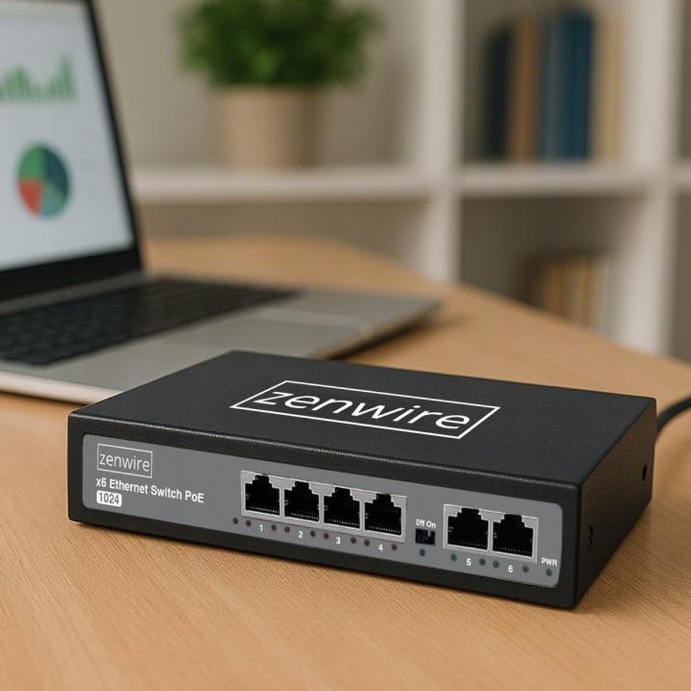 Switch, napájací adaptér, ZENWIRE, rozbočovač, 6-portový POE LAN switch so 4 portmi Ethernet RJ45