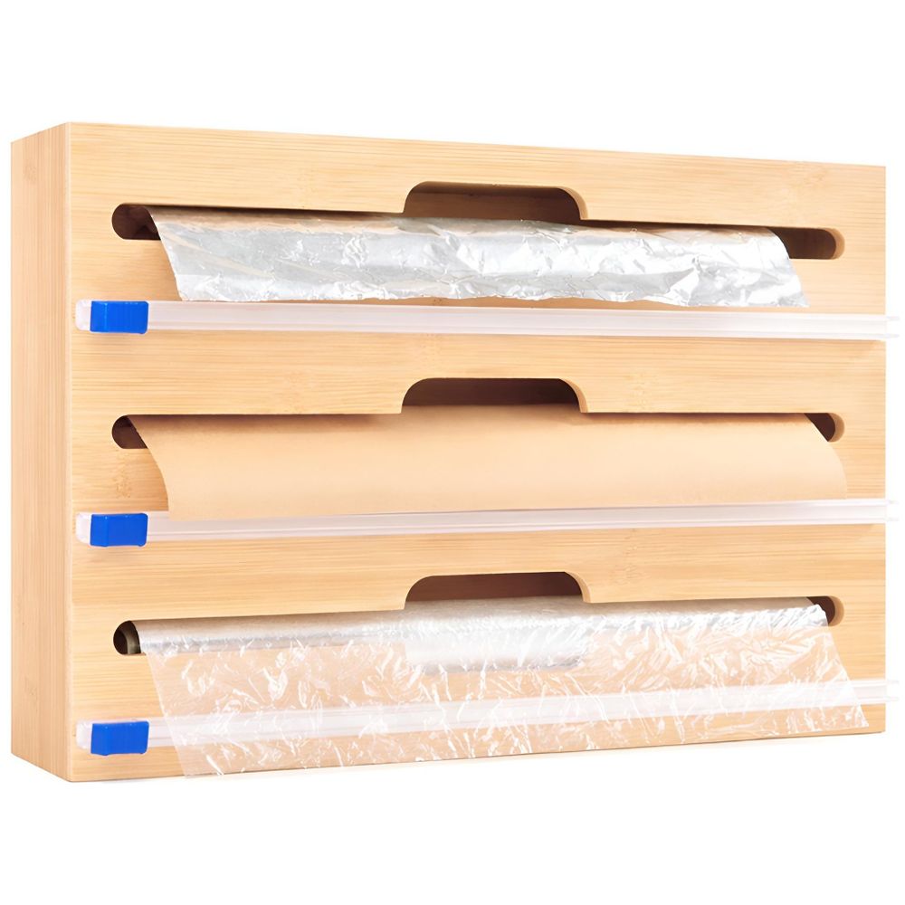 WELLHAUS Bambusbehälter mit Spender für Aluminiumfolie, Lebensmittelpapier