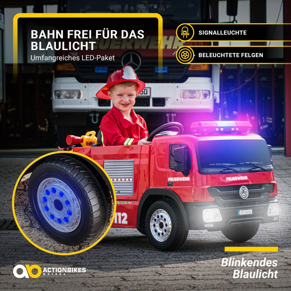 Actionbikes Motors Elektro Feuerwehr Auto| Feuerwehrauto Kinderauto - Bremsautomatik - Kinder Fahrzeug - Sirene & Blaulicht - Bluetooth - ab 3 Jahre