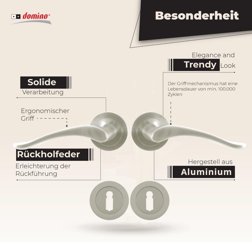 DOMINO Türgriff Drückergarnitur BB-Buntbart Set | Rund BB Rosette | Türklinke für Zimmertür, Bürotür, Kellertür & Innentür | Türbeschläge aus Aluminium | Nickel Türdrückergarnitur | BALLEN-R M9