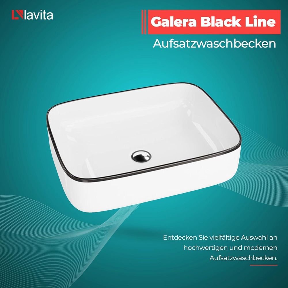 LAVITA Aufsatzwaschtisch Galera Black Line| Aufsatzwaschbecken Rechteckig | Waschbecken ohne Überlauf und Hahnloch | Aus hochwertigem Porzellan | Waschtisch | 50,5x40x14 cm | Weiß/Schwarz