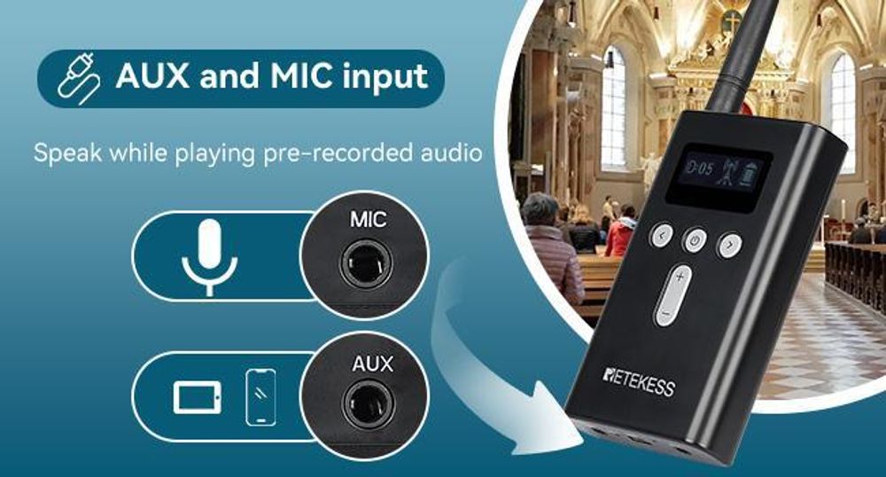 Průvodcovský systém Retekess T130S, 100M audio průvodce, 49 kanálů, D-sluchátka, bezdrátový průvodcovský systém pro turistiku, prohlídky továren