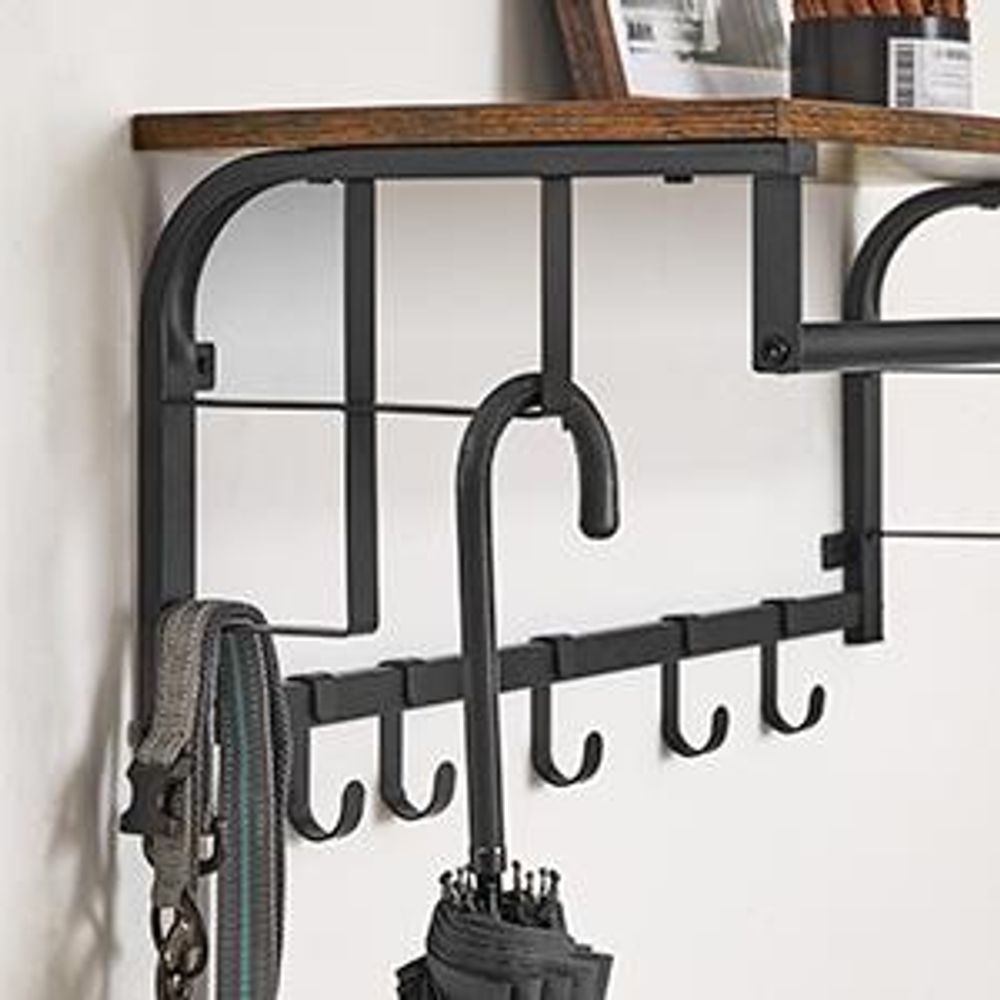VASAGLE Wandgarderobe Wandregal mit 5 abnehmbaren Haken, Hängeregal mit Hängestange