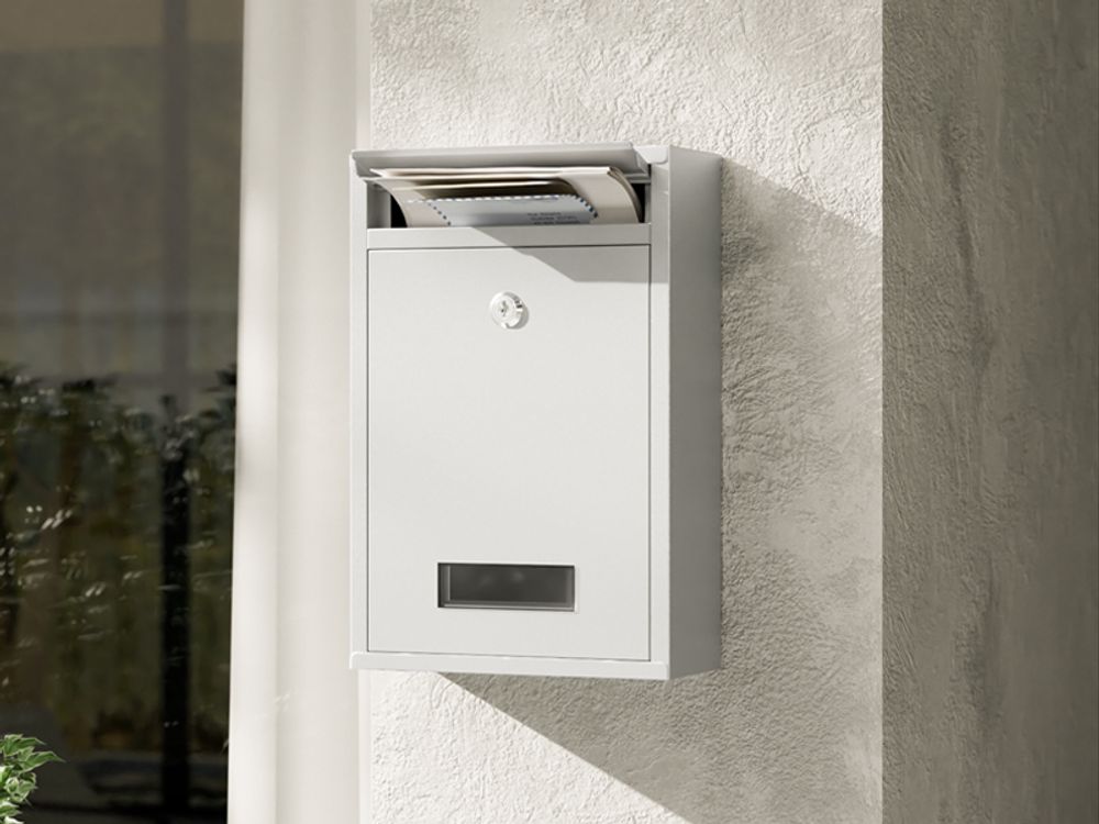 Wiltec Briefkasten weiß V11 Postkasten mit Namensschild, großem Briefschlitz und 2 Schlüsseln Wandbriefkasten aus pulverbeschichtetem Stahl