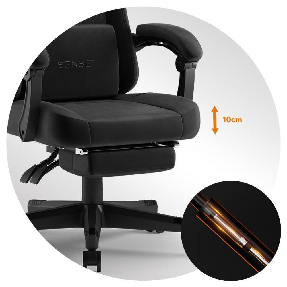 SENSE7 Devon Gaming Stuhl Stoff Schwarz - Ergonomischer Bürostuhl mit Fußstütze PC Schreibtischstuhl Zockerstuhl Alcantara 120 kg