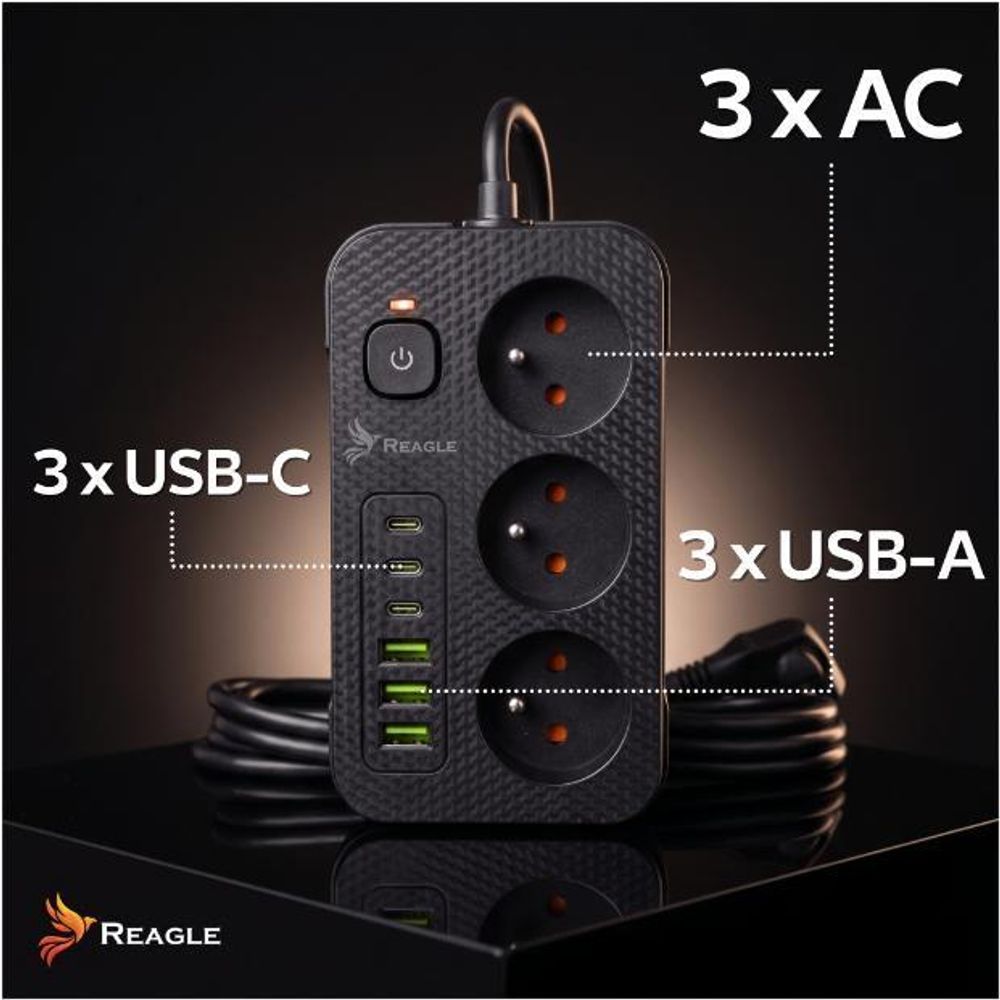 Reagle 3m Steckdosenleiste 3-fach mit 6x USB (3x USB-A, 3x USB-C), Mehrfachsteckdose schwarz, Verlängerungskabel Überspannungsschutz 2500W, Schalter