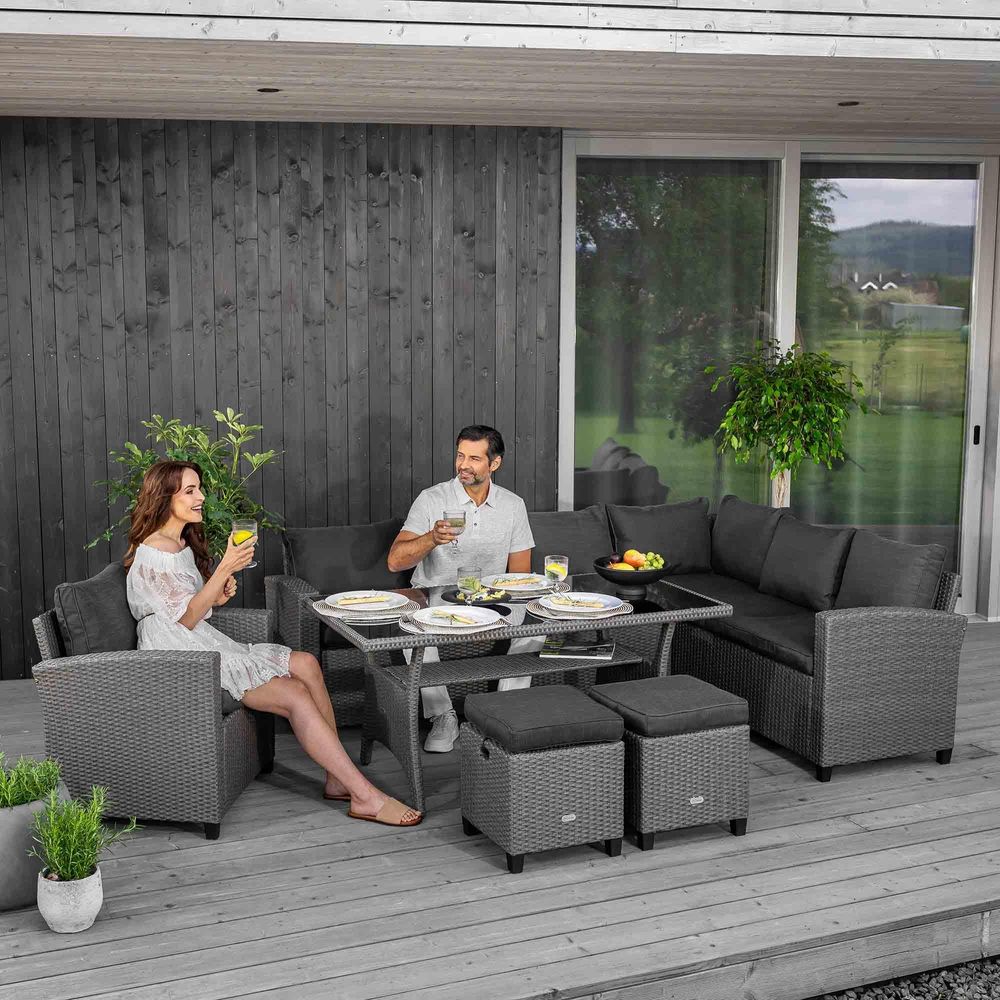 di volio Gartenmöbel-Set ROSSANO, Terrassenmöbel Lounge Set aus Polyrattan - Ecksofa, Tisch, Sessel & 2 Hockern, wetterfeste & langlebige Sitzgruppe