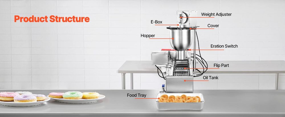 VEVOR kommerzielle automatische Donut Maschine Maker, einreihige Herstellungsausrüstung aus Edelstahl (90 Stk./h) elektrische Donut-Fritteuse mit 3 Formengrößen für Bäckereien Restaurants Café