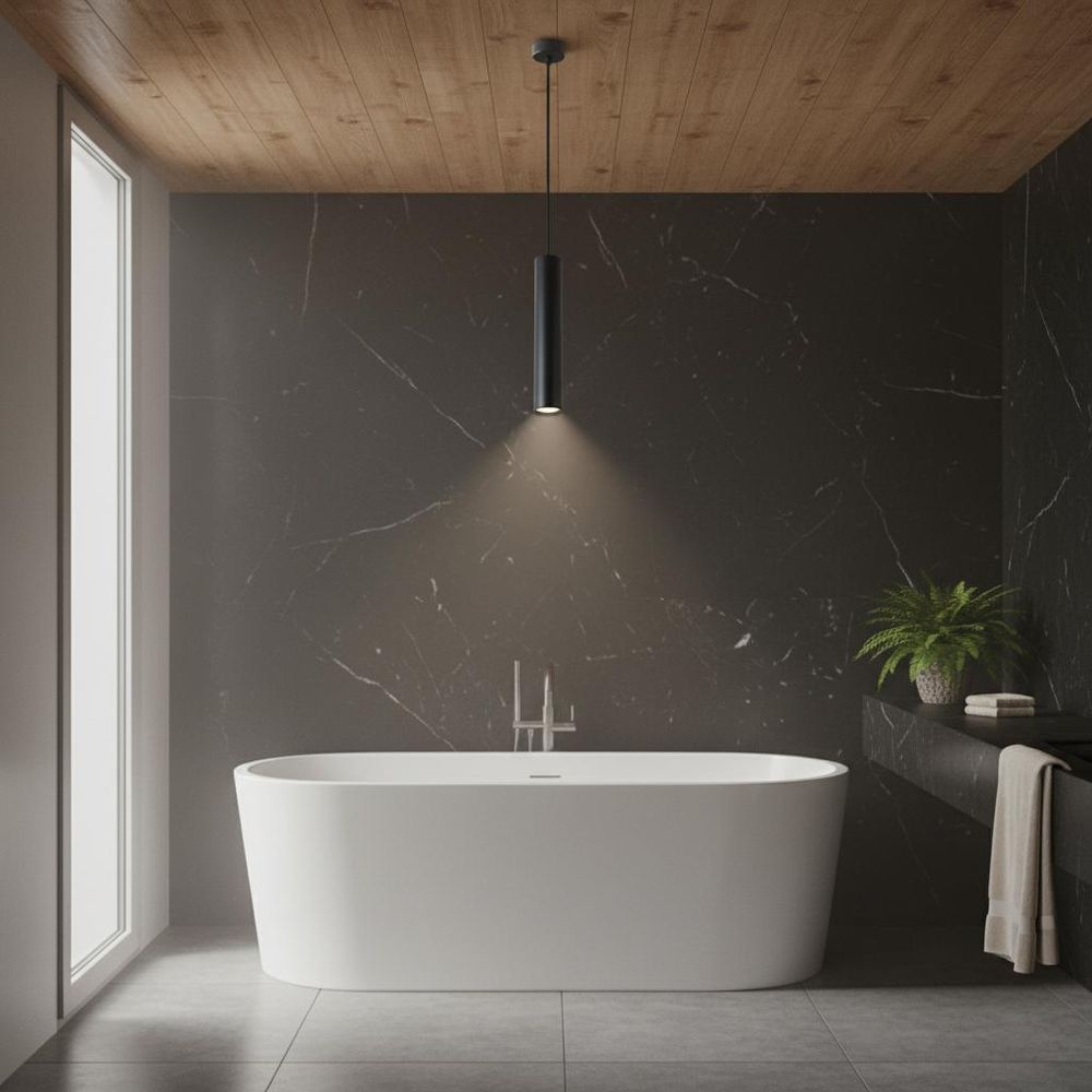 Schwarze Küche, modernes Design für stilvolle Räume, Kücheninsel und Barhocker