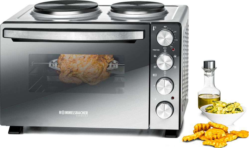 Kleinküche KM 3300, 2 Gussheizplatten, Backofen mit 30 Litern Volumen, Ober-/Unterhitze, Umluft, Drehspieß, Doppelverglasung, 3 Einschubebenen, 3250 Watt