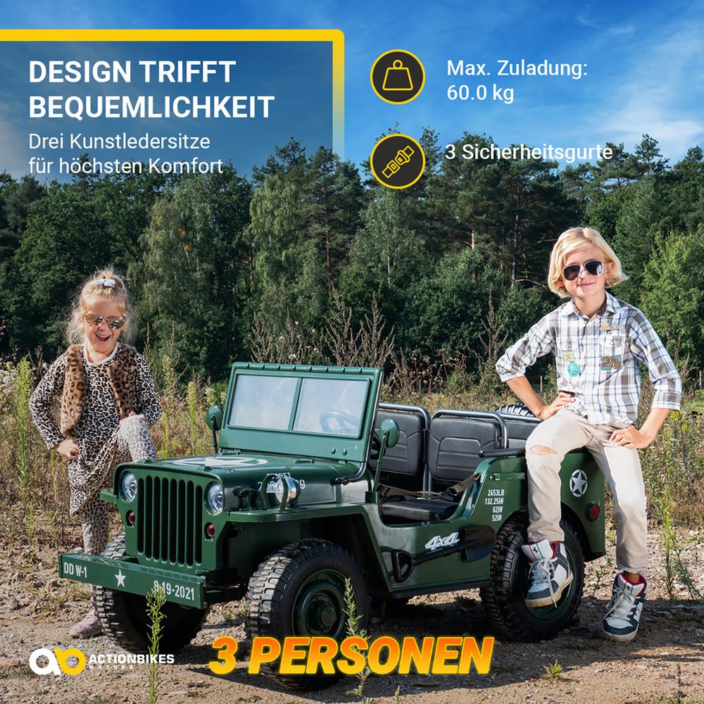 Actionbikes Motors Kinder Elektro Auto Jeep Willys | 3 Gurte - Allrad Antrieb - Dreisitzer - Fernbedienung - Federung - LED - Hupe - Geländefahrzeug