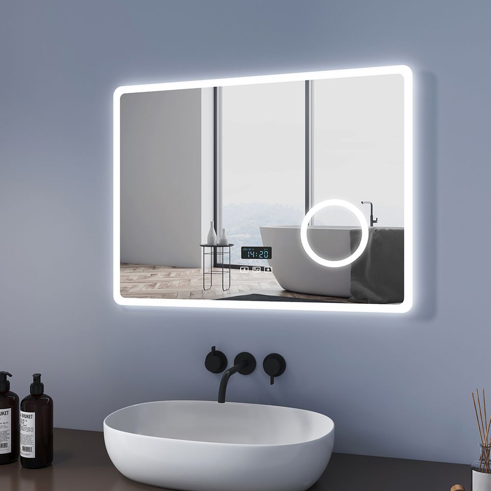 Heilmetz LED Badspiegel 80x60cm Beleuchtung Badezimmerspiegel Wandspiegel mit Bluetooth 4.1 Lautsprecher, Touch-Schalter mit 3 Lichtfarbe 3000-6500K, Beschlagfrei, Dimmbar, Vergrößerungsspiegel