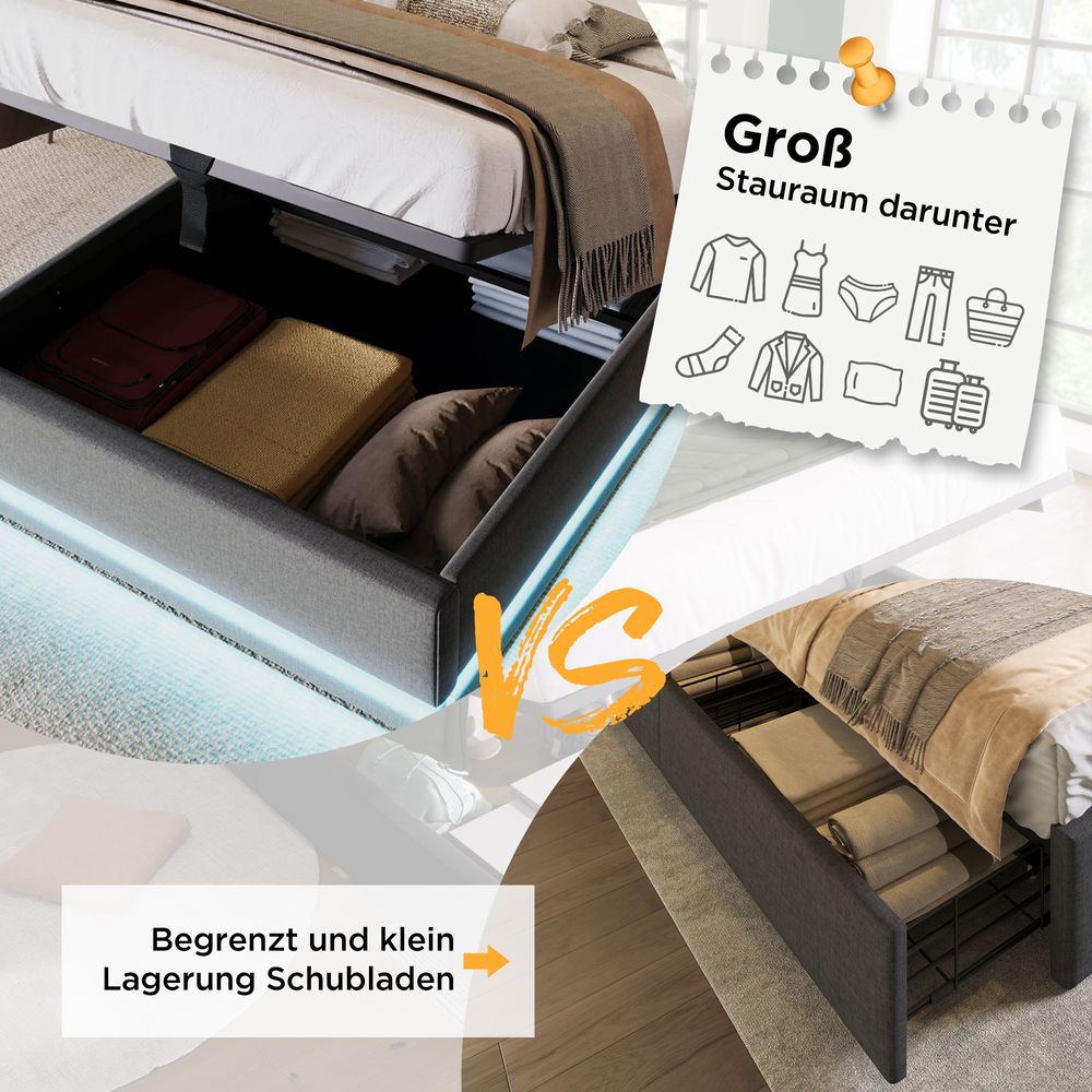Flieks Polsterbett 90x200cm mit USB & Typ-C, Einzelbett Jugendbett mit LED, Hydraulisches Stauraumbett Boxspringbett mit Lattenrost, Baumwolle, Grau