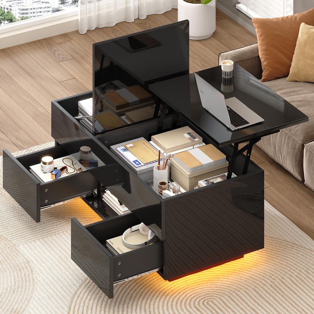 Merax Couchtisch Hochglanz mit LED, höhenverstellbare Sofatisch mit 2 Schubladen und Stauraum, Wohnzimmertisch mit klappbare Tischplatte, Schwarz