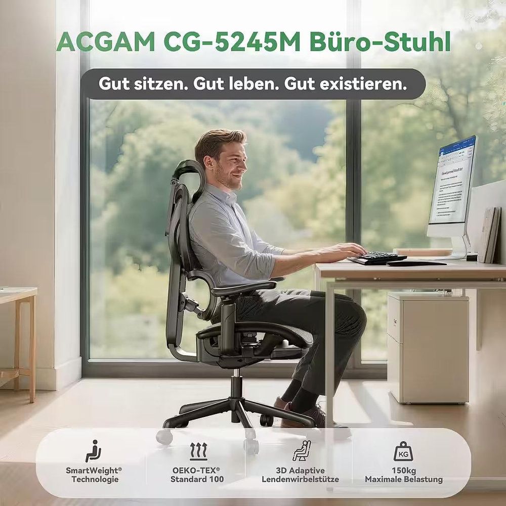 ACGAM CG-5245M Gaming Bürostuhl: Ergonomisch, 4-Neigungswinkel, 136kg, 3D-Armlehnen, Mesh, Gewichtssensor