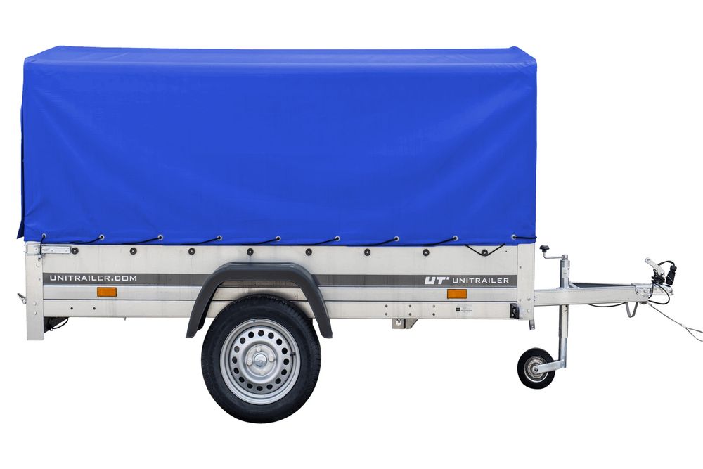 Auto Anhänger 230x125 Garden Trailer 230 KIPP Unitrailer 750 kg mit Stützrad, blauer Hochplane und Hochspriegel